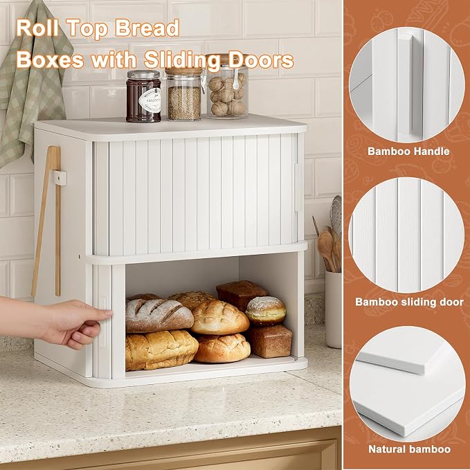 WOWLIVE 2-Tier Roll Top Bread Box for Kitchen Countertop Storage Cabinet | Double Layer Bamboo Bread Boxes with Sliding Doors, Extra Large Bread Storage Cabinet for Loaves & Pastries, White - Image 4