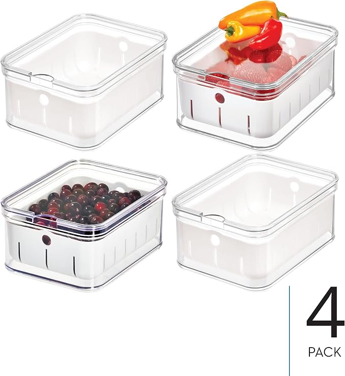 iDesign Small Fridge Berry Bin with Removable Colander Basket and Lid - Set of 4 - Clear/White - Image 2