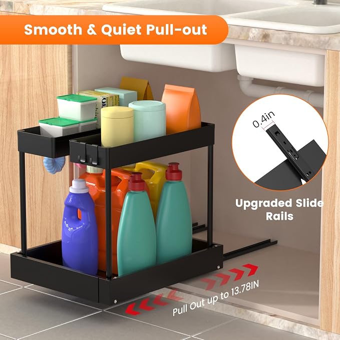 Expandable Under Sink Organizers and Storage,Width Adjustable (14.9-23.6IN),No Drill 2-Tier Pull Out Under Cabinet Organizer for Kitchen Bathroom Laundry (black) - Image 5