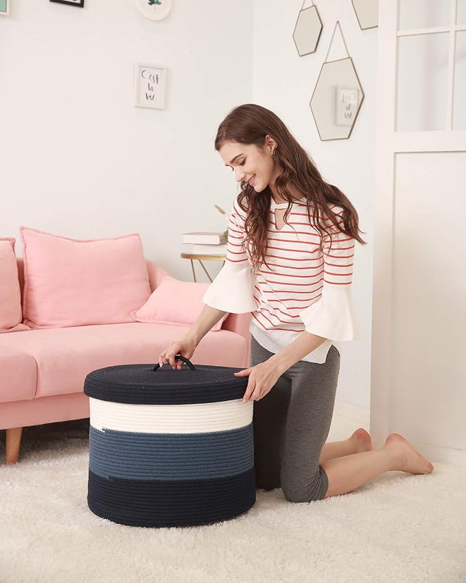 20x15 Inch Extra Large Round Cotton Rope Storage Basket with Lid, Decorative Woven Bin with Cover for Living Room Bedroom Closet, Dark Blue & Deep Blue - Image 2
