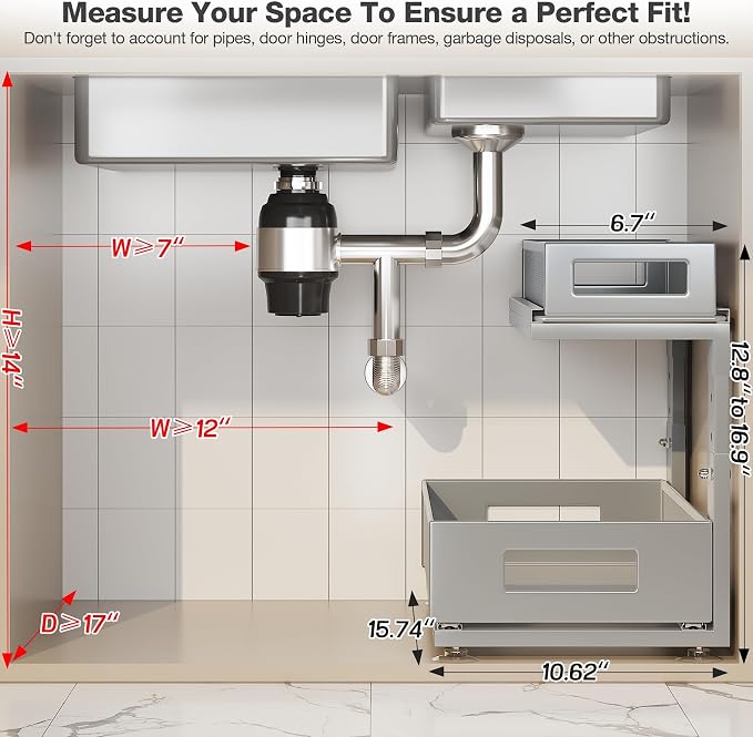 2 Pack 15.74IN-Depth Under Sink Organizer With Next-Gen Ball-Bearing Slides,2-Tier Pull Out Cabinet Storage,Height Adjustable Drawer Shelf for Bathroom,Kitchen,Laundry,Cabinet,Pantry-Gun Gray - Image 2
