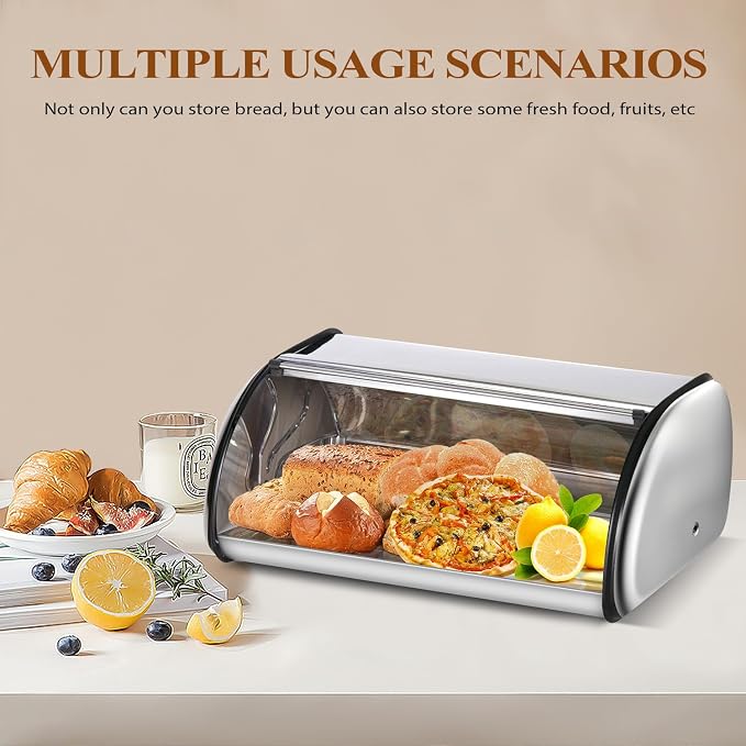 ENLOY Bread Box for Kitchen Counter, Stainless Steel Roll Top Bread Bin, Sliver Bread Storage Holder with Lid, Large Capacity Bread Keeper, 17 x 11 x 7 Inches - Image 6