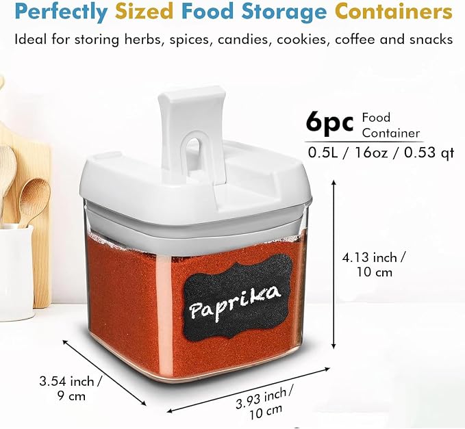 Shazo 6 PC Airtight Food Storage Containers + 6 Spoons Included - BPA Free Plastic Snack & Spice Containers with Easy Lock Lids - Kitchen and Pantry Organization for Herbs Coffee Tea - 0.5L / 2.1 Cup - Image 2