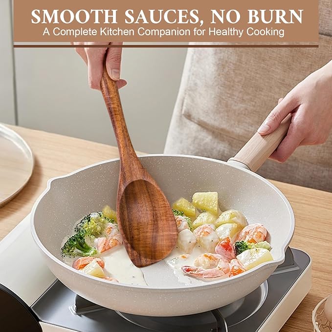 7 Pcs Teak Wooden Utensils Set, Wooden Cooking Utensil | Non-Toxic & Nonstick Safe Kitchen Utensil, Durable Comfort Grip， Heat Resistant Wood Cookware with Hooks - Image 5