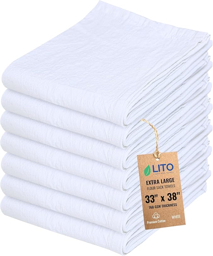 Flour Sack Towels | Tea Towel for Crafts| Kitchen Dish | Cotton Blank Towel for Embroidery| Baking Bread Proofing Linen Cover| Thick Absorbent Quick Dry| 7 Pack 33"x38" White by LITOLinenandTowel