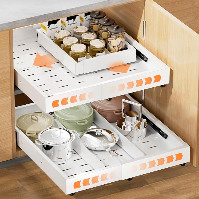 Pull out Cabinet Organizer Expandable W(12"-20") and D(16"-22"), No Drill Adjustable Slide Out Drawers With 3 Slide Rails, 2Pcs Magnetic Panel, Adhesive Roll out Shelves for Kitchen, Cabinets, Pantry by YJHome