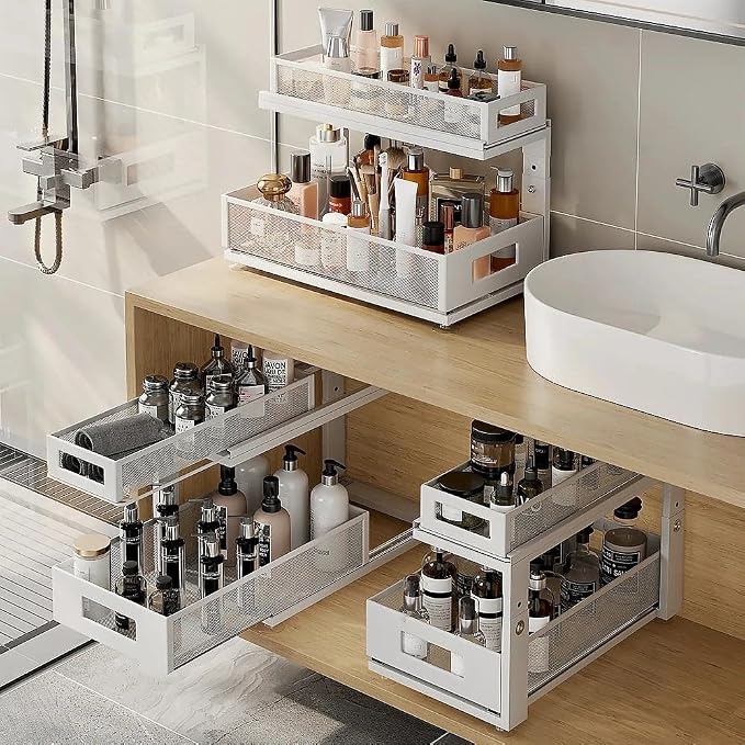 2 Pack 18.5IN-Depth Under Sink Organizer With Next-Gen Ball-Bearing Slides,2-Tier Pull Out Cabinet Storage,Height Adjustable Drawer Shelf for Bathroom,Kitchen,Laundry,Cabinet,Pantry-White - Image 7