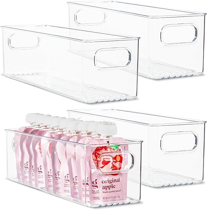 Plastic Food Storage 4 Pack Clear Container Bin with Handles for Organizing Kitchen, Pantry, Refrigerator, Freezer, Pantry, Cabinet, Closet, Bathroom. 14”x4”x4” by primebox