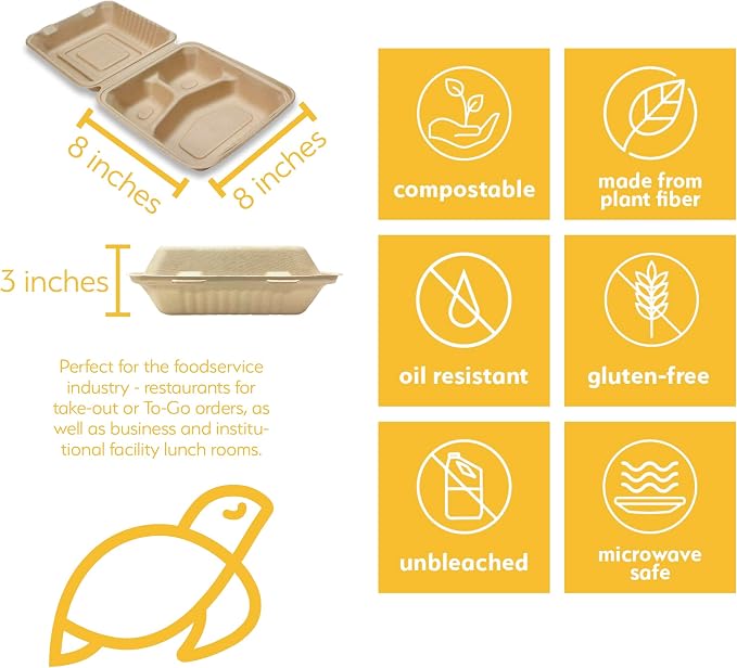 100% Compostable Disposable Food Containers with Lids [8”X8” 3-Comp 200 Pack] Eco-Friendly Take-Out TO-GO Containers, Heavy-Duty, Biodegradable, Unbleached by Earth's Natural Alternative - Image 2