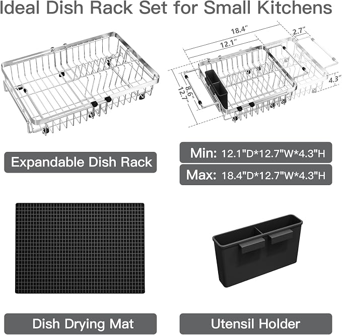 Dish Drying Rack Over The Sink with Utensil Holder, Mat | Expandable Stainless Steel Dish Drainer for Small Kitchen, Apartment, RV, Counter Space Saving, Perfect Fit, Rustproof - Image 2