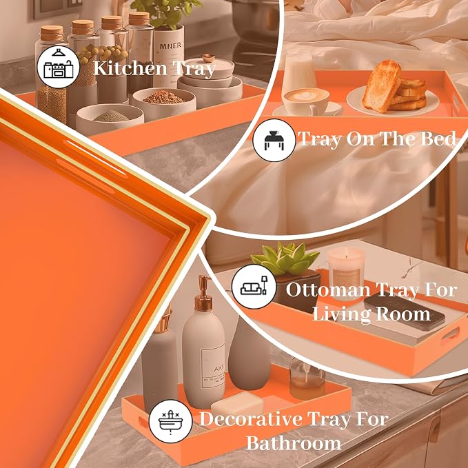 Orange Serving Tray with Handles, Plastic Decorative Tray Set of 2 | Decorative Tray for Coffee Table, Modern Ottoman Tray, Rectangle Melamine Tray for Living Room, 15.8"L x 10.2"W x 1.4"H - Image 6