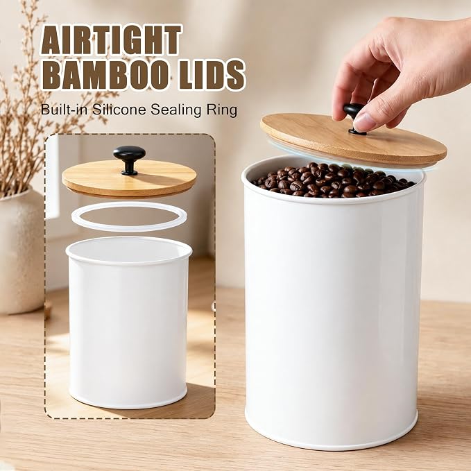 Kitchen Canister Set of 4 Airtight Metal Containers with Bamboo Lids, White | Flour sugar coffee tea canisters set with bamboo lids, customizable chalkboard labels & marker pen - Image 3