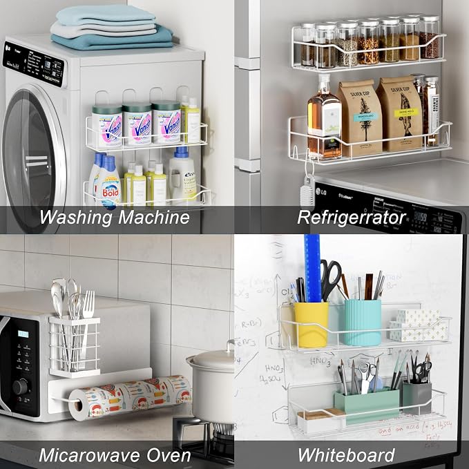 Magnetic Spice Rack for Refrigerator,8 Pack Magnetic Fridge Shelf, Moveable Spice Organizer with Hook Rack, Paper Towel Holder, Utensil Holder,cup lid holder, Super Magnetic Rack Set (White) - Image 7