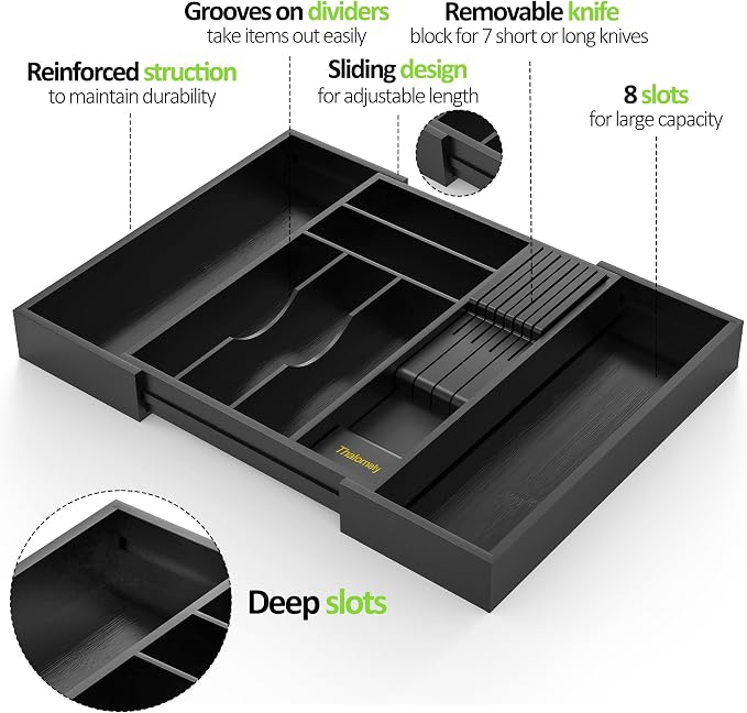 Bamboo Kitchen Drawer Organizer, Expandable Silverware Organizer with Removable Knife Block, 6-8 Slots- Utensil Holder & Cutlery Tray Drawer Dividers, 2.36" Deep for Extra Capacity, Black - Image 9