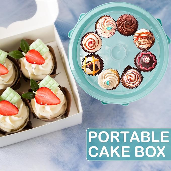 Cake Carrier Round Cake Stand Plus Height Cake Container with Cupcakes Pad, Handle, Lid Reusable Package Box for Transporting Desserts,Pie,Toast,Fruit (10" Blue) - Image 3