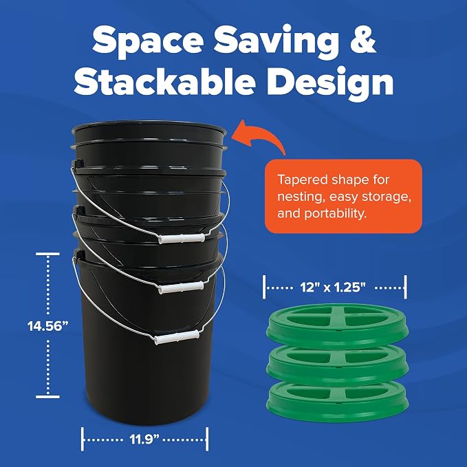 5 Gallon Bucket - Food Grade w/Lid BPA-Free, Black/Green, 6 | Airtight Gamma Seal Screw-On Lid, Heavy-Duty 90 Mil HDPE Plastic, Food Safe and Durable Container, Bulk Storage, Made in USA - Image 2