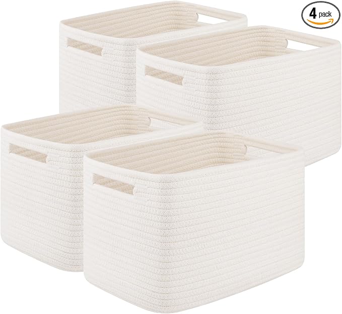 OIASKET 4Packs Natural Cotton Rope Storage Baskets for Organizing Toys, Clothes, Towels & Books, Soft Versatile Organizers for Shelves, Home Decorative Bins, 13''Lx9''Wx7.8''H, White by OIASKET
