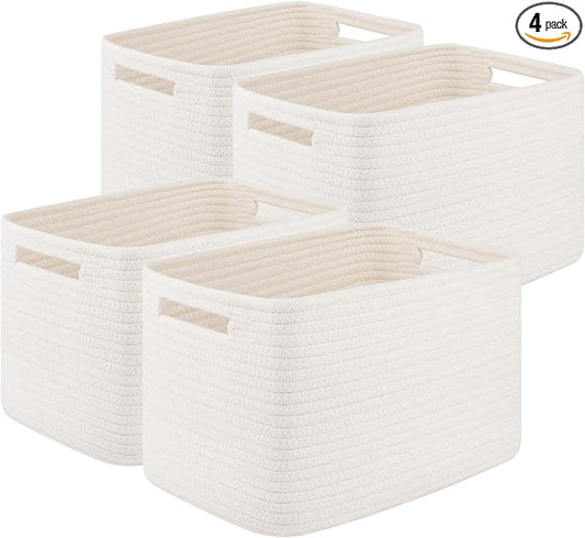 OIASKET 4Packs Natural Cotton Rope Storage Baskets for Organizing Toys, Clothes, Towels & Books, Soft Versatile Organizers for Shelves, Home Decorative Bins, 13''Lx9''Wx7.8''H, White by OIASKET