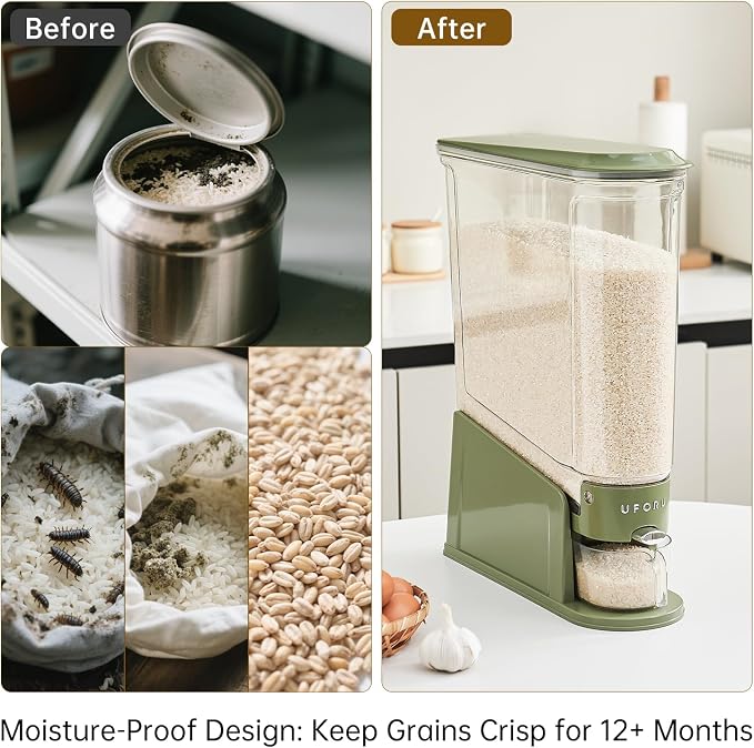 UFORU Slim Rice Dispenser 22 LB,Clear Rice Storage for Small Spaces | Green,BPA-Free Sealed Design for Rice, Grain and Cereal,Rice Container Fits Narrow Pantry Shelves and Countertops - Image 6
