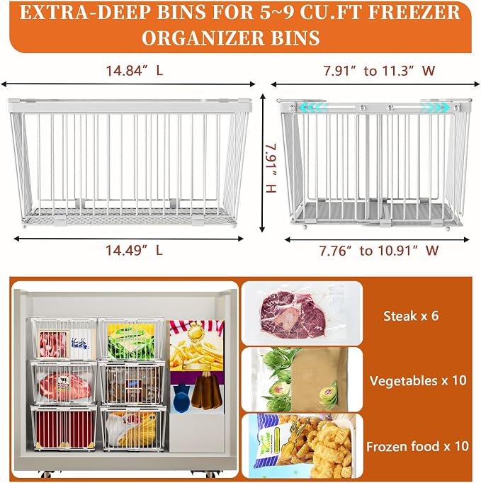 Large Freezer Organizer Bins for 5 to 9 Cu.Ft,4Pack , Leak-Proof Bottom | ANJUBANFreezer Organizer Bins, Stackable,expandable,foldable,With handle Wire Storage Container Baskets for Sort Frozen Meats - Image 4