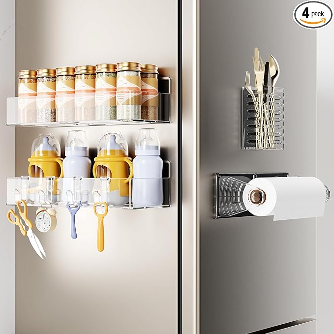Mystozer Magnetic Spice Rack for Refrigerator,4 Pack Magnetic Shelf,Fridge Magnet Organizer with Paper Towel Holder and Utensils Racks,Fridge Organizers and Storage Clear(4 Pack) by Mystozer