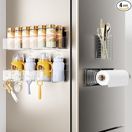 Mystozer Magnetic Spice Rack for Refrigerator,4 Pack Magnetic Shelf,Fridge Magnet Organizer with Paper Towel Holder and Utensils Racks,Fridge Organizers and Storage Clear(4 Pack) by Mystozer