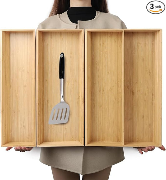 BAMOTTO CRAFTBAMBOO Large Long V-Shaped Bamboo Drawer Organizer Set of 3 | Silverware & Cutlery Tray | Flatware & Utensil | Kitchen & Bathroom | 19.6"×5.7" & 19.6"×7.8" & 19.6"×12.4" by BAMOTTOCRAFTBAMBOO