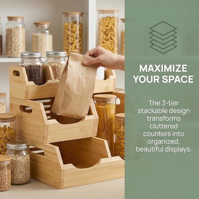 3 Tier Potato and Onion Storage Bin for Pantry | Natural Bamboo Rack Top and Hollow Ventilated Bottom,Eco-Friendly Organizer for Kitchen or Bathroom - Image 4