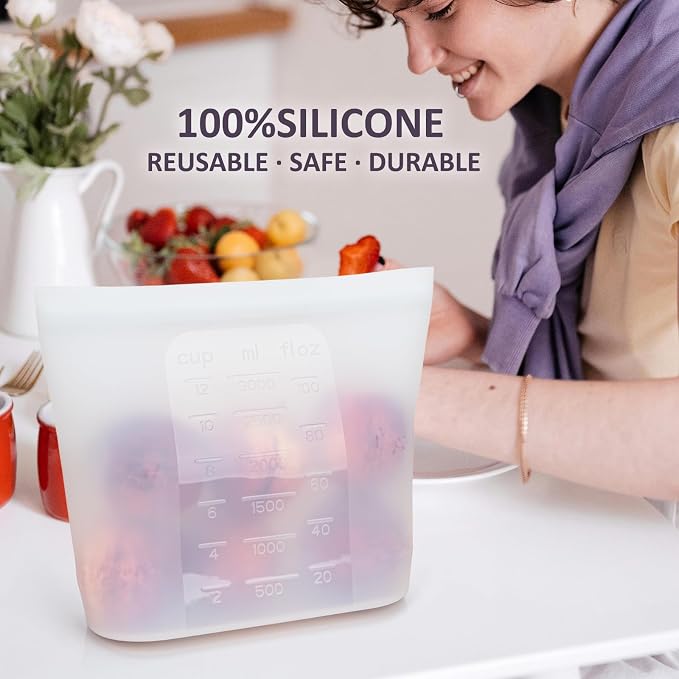 Extra Large Reusable Silicone Food Storage Bags 4 Pack, 0.8 Gallon/3000ml, 100% Silicone Stand-Up Wide-Open Zip-Lock Reusable Bags for Large Items, Microwave Freezer Oven Dishwasher Safe, Translucent - Image 2