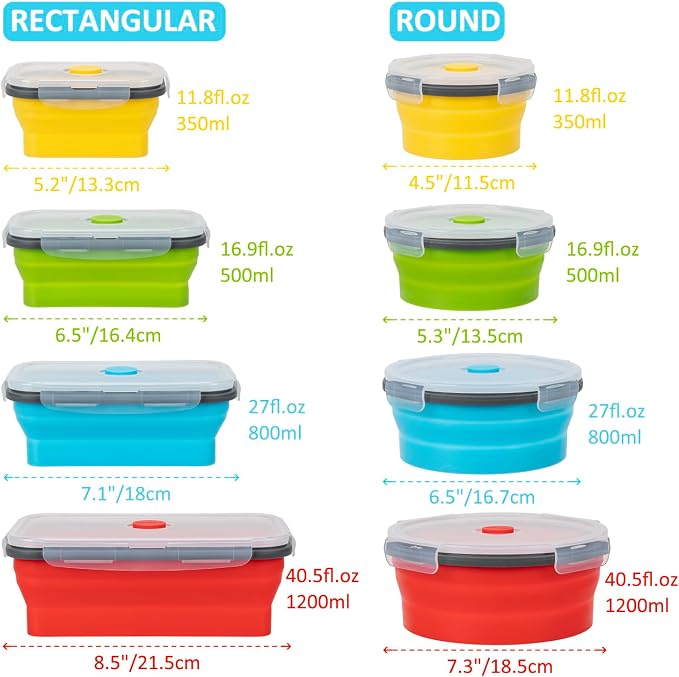 Collapsible Food Storage Containers with Lid & Air Vent, 8 Pack, 4 Rectangular + 4 Round, Annaklin Foldable Silicone Lunch Containers Collapsible Bowls Set, Microwave Freezer Dishwasher Safe, 4 Colors - Image 5