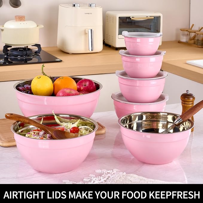 Pink Mixing Bowls with Lids Set of 7, Stainless Steel Nesting Bowl with Khaki Lid for Non-slip Mixing Prepping Storing Serving, 7 Sizes-7/3.6/2.7/2.1/1.5/1/0.8 QT - Image 7