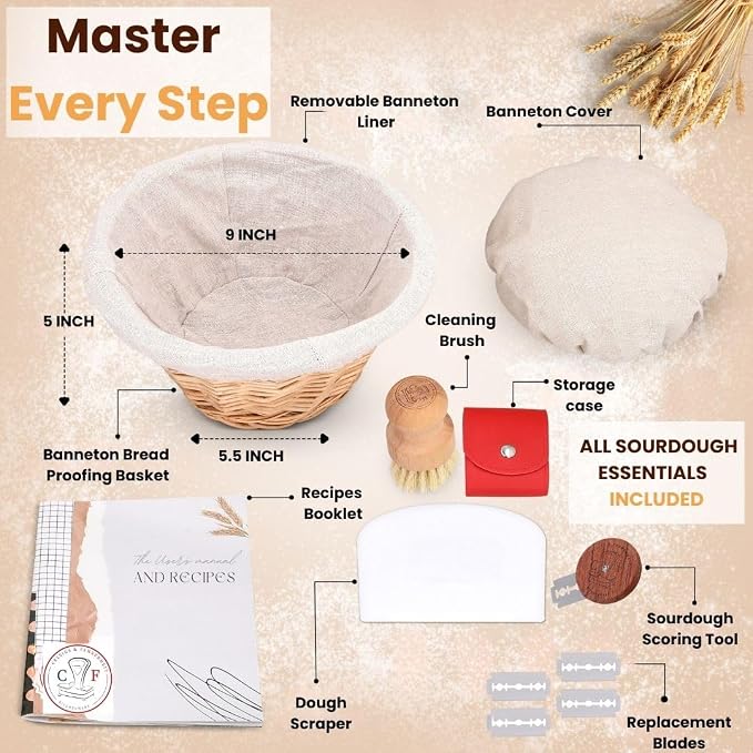 Wicker Banneton Bread Proofing Basket – 9” Round Sourdough Starter Kit with Liner & Cover – Proofing Basket for Artisan Baking – Sourdough Bread Baking Supplies & Bread Making Tools - Image 8