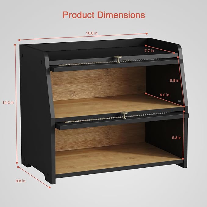 Goozii Large Bread Box for Kitchen Countertop, Black Bread Storage Container for Homemade Bread, Double Layer Farmhouse Breadbox Organizer for Kitchen Counter Cabinet, Pantry, Cupboard (Black) - Image 6
