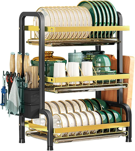 CAKERS Dish Drying Rack with Removable Drain Tray|Carbon Steel Dish Strainers for Kitchen Counter|Tableware Holder Dinnerware Drainer Organizer,Black Gold,3 Tier-Main Shelf with Set by CAKERS