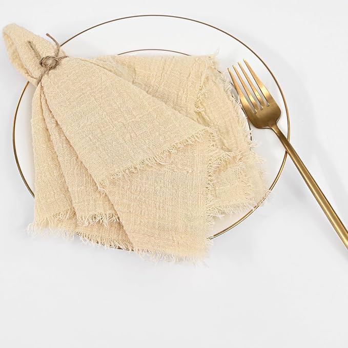 36 Pack Beige Cloth Napkins, 16 x 16 Inch Cotton with Fringe Settings | Handmade washable reusable cotton dinner napkins in bulk for weddings, parties, rustic boho table settings - Image 8