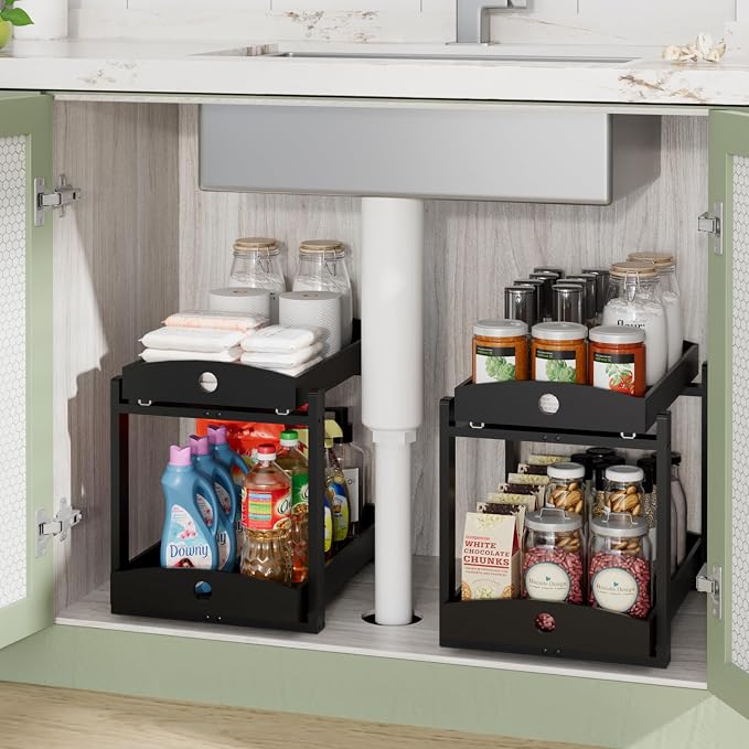 2 Pack Bamboo Under Sink Organizer, 2-Tier Sliding Drawers for Cabinets | Pull-out drawers keep cleaners and tall bottles visible, organized and easy to reach in kitchen or bathroom cabinets - Image 4