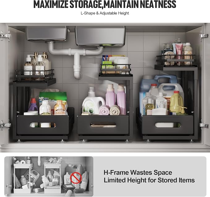 Under Sink Organizer Upgrade To Professional Rails,2-Tier Dual Pull Out Cabinet Storage,Height Adjustable Slide Out Drawers For Bathroom Kitchen,2 Pack-14.5" Dx12.8-16.9" H,Black - Image 6