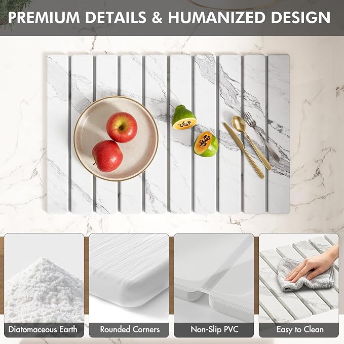 4 Pcs Diatomaceous Earth Dish Drying Mat Set, 24''x16'' Stone Dish Drying Mat, Faucet Mat and 2 Coasters for Kitchen Counter, Super Absorbent Quick Dry Mats for Dishes Bottles Cups - Image 6