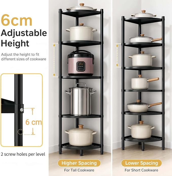 6-Tier Kitchen Corner Pot Rack, Floor Standing Corner Shelf | Narrow Corner Storage, Space Saving, Heavy-Duty Carbon Steel, Thick Solid Grid Shelf, Extra-Large Space Fits Large Cookwares - Image 7