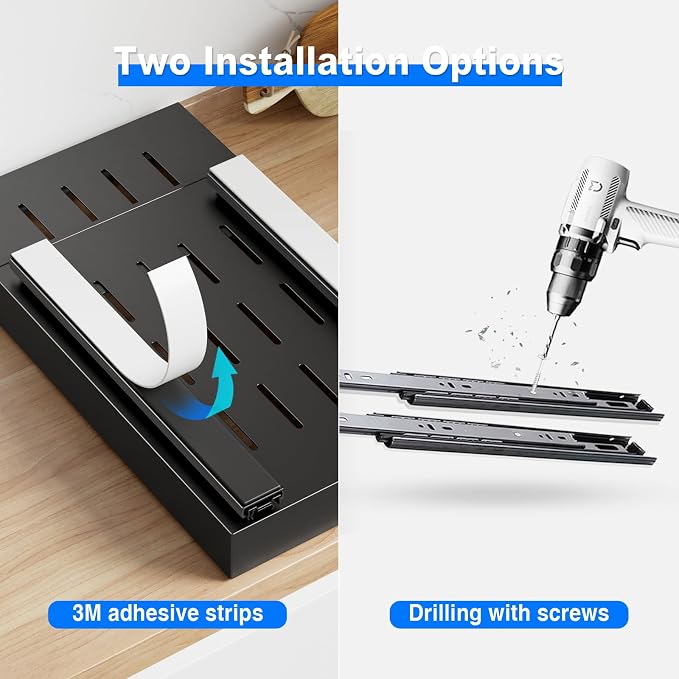 Mustorn 2 Pack Pull Out Cabinet Organizer,21.8" Deep Slide Out Drawer for Cabinets Adhesive Pull Out Drawers Heavy Duty Pull Out Shelves for Kitchen,Cupboard,Pantry,Bathroom-Black - Image 4