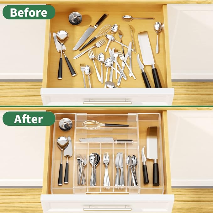 NIUBEE Acrylic Utensil Silverware Tray for Drawer, Clear Cutlery Organizer | Expandable Silverware Organizer for Flatware, 9 Compartments Adjustable Utensil Organizer,Clear Silverware Holder for Kitchen - Image 4
