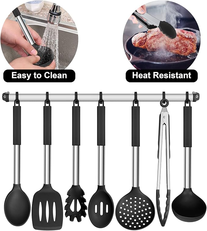 E-far Mixing Bowls with Lids Set of 3 with Silicone Cooking Utensils Set of 7, Nesting Bowls for Baking Cooking and Prepping, Heat Resistant Kitchen Utensils with Stainless Steel Handle - Image 9