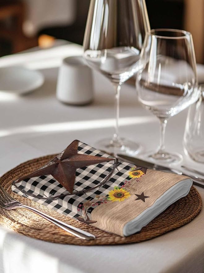 Farmhouse Western Star Cloth Napkins Washable Set of 6, 20 x 20 Inch Reusable Vintage Country Brown Plaid Dinner Table Napkins Cloth Bulk for Weddings Kitchen Restaurants Hotel Events Parties - Image 7