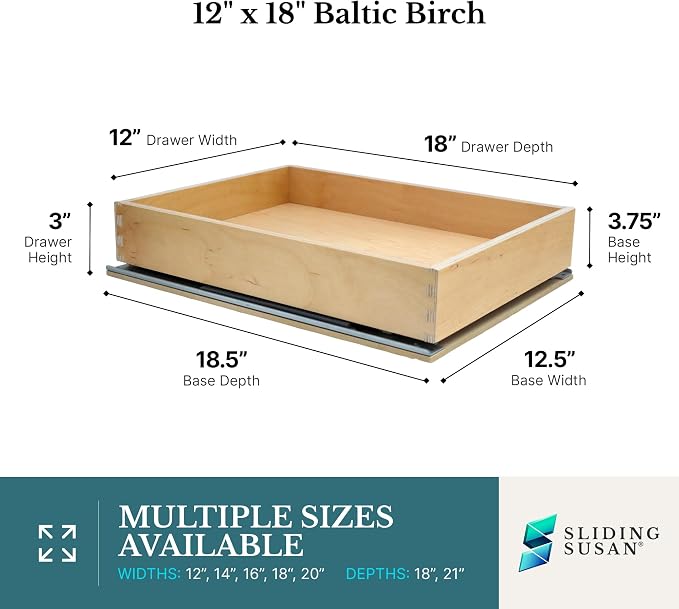 Baltic Birch Pull-Out Cabinet Drawer Organizer 12" W x 18" D | Heavy Duty (100Lbs) Wooden Pullout Inserts, Soft Close Sliding Shelf for Kitchen Cabinets, Pantry, Storages - Fully Assembled - Image 2