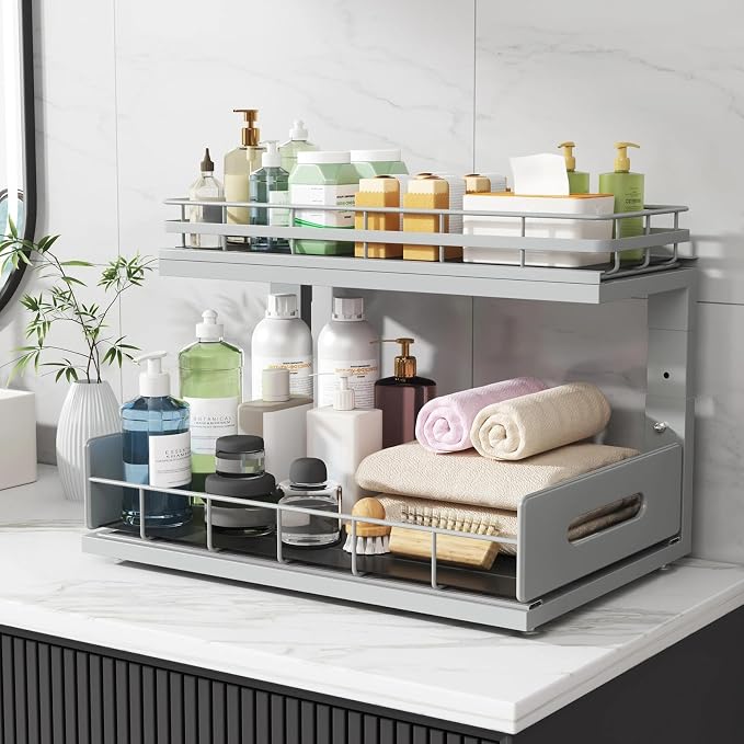 Under Sink Organizer Upgrade To Professional Rails,2-Tier Dual Pull Out Cabinet Storage,Height Adjustable Slide Out Drawers For Bathroom Kitchen,2 Pack-16.7"Dx12.8"-16.9"H,Gun Gray - Image 9