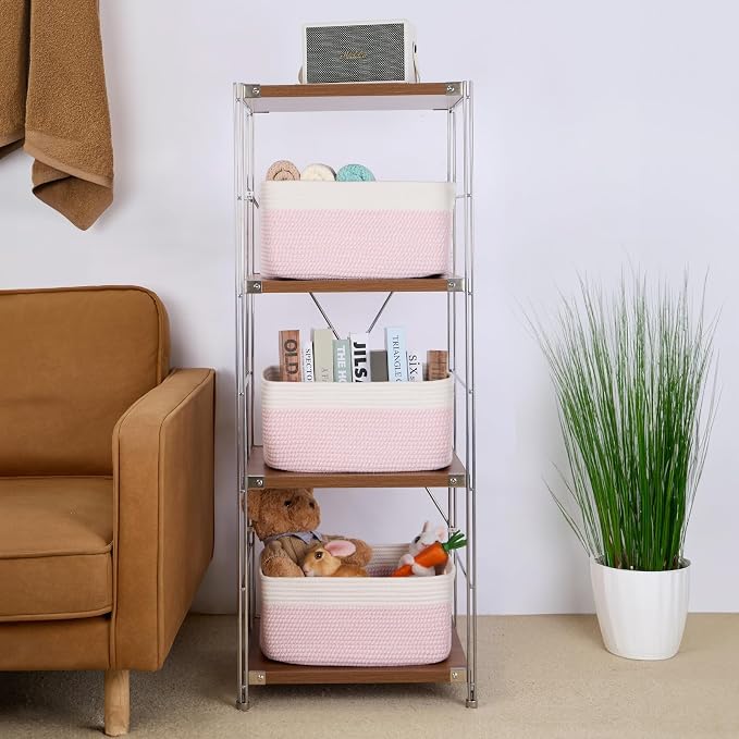 MiniArk Large Storage Baskets for Shelves, 17 x 13 x 7.5” Closet Organizers Bins for Clothes Blanket Towels, Baby Nursery, Toy Baskets Box, Woven Rope Baskets, 3 Packs Woven Pink - Image 4