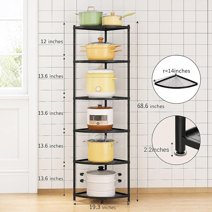 6-Tier Kitchen Corner Pot Rack, Floor Standing Corner Shelf | Narrow Corner Storage, Space Saving, Heavy-Duty Carbon Steel, Thick Solid Grid Shelf, Extra-Large Space Fits Large Cookwares - Image 2