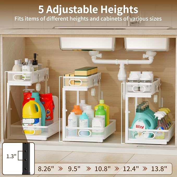 Under Sink Organizer 2 Pack, 2-Tier Slide Out Cabinet Organizer with Metal Sliding Drawer and Hooks, Pull Out Storage Baskets for Kitchen Bathroom Pantry Cabinet Organization (White) - Image 5