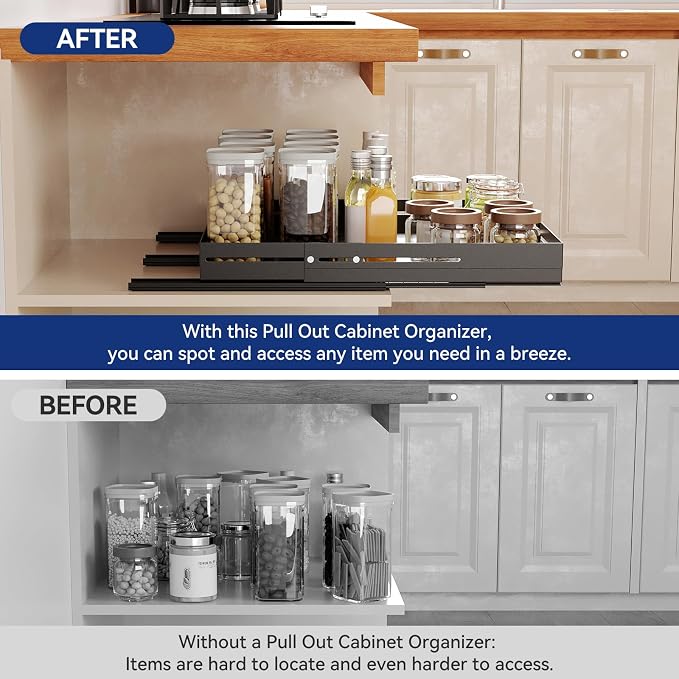 Pull out Cabinet Organizer, Full Metal Expandable Width (12.6"-20.8") & Depth (16"-24.4") Adjustable Slide out Drawers, No Drill Adhesive Roll out Shelves for Kitchen Pantry, Black - Image 5