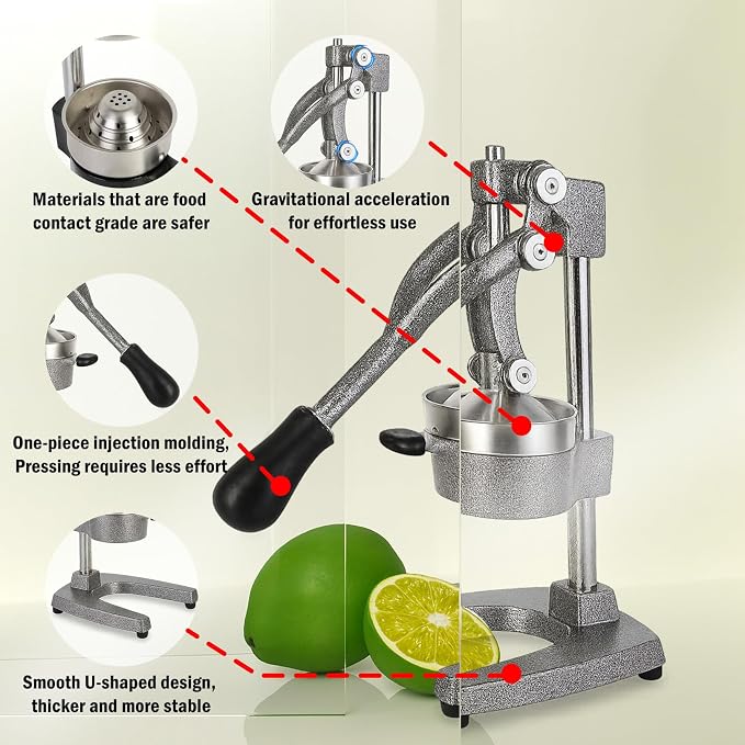 Cast Iron Juicer Hand Press – Heavy Duty Manual Citrus Juicer, Professional Orange Press, Stainless Steel Lemon Squeezer & Lime Juice Extractor (gray) - Image 2